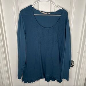 Soft Surroundings 100% Cotton Swirl Applique Long Sleeve Blouse in Blue 2X